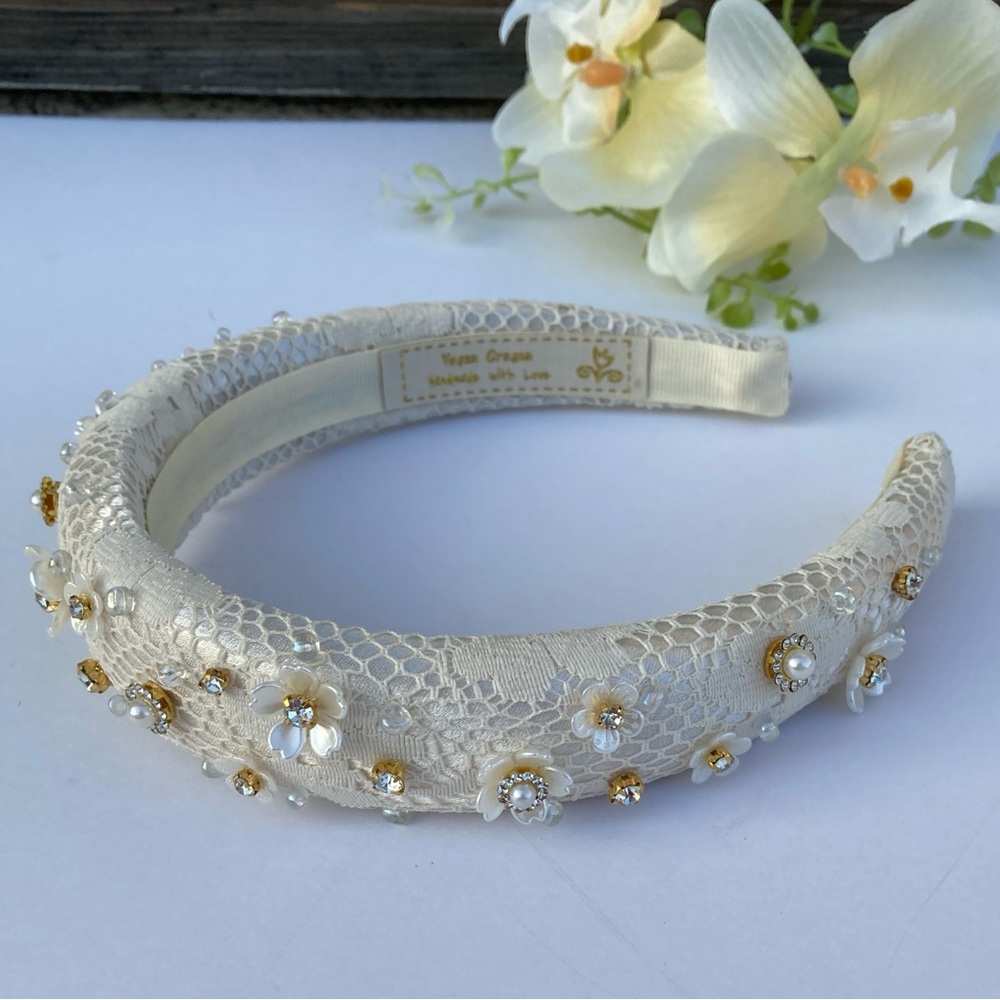 1” Padded Headband Offwhite Vintage Lace Overlay Flower/beads Adorned Handmade